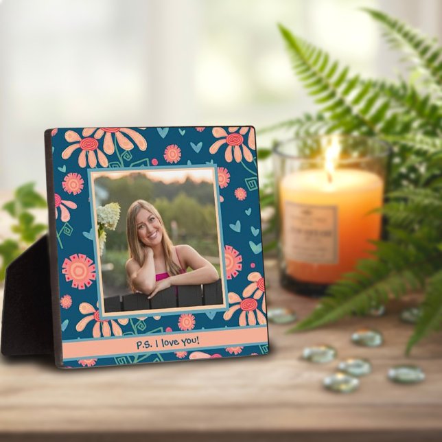 Blue Floral Cute Photo Customized Love Message Plaque (Creator Uploaded)