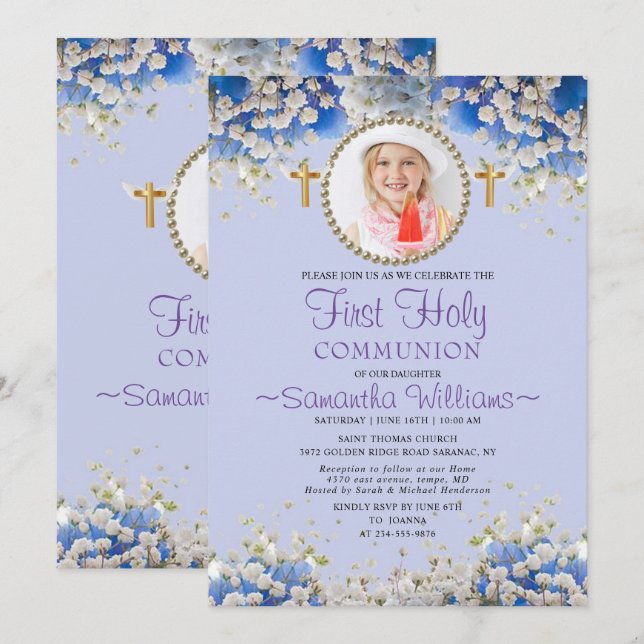 Blue Floral Daisy Photo First Communion Invitation (Front/Back)