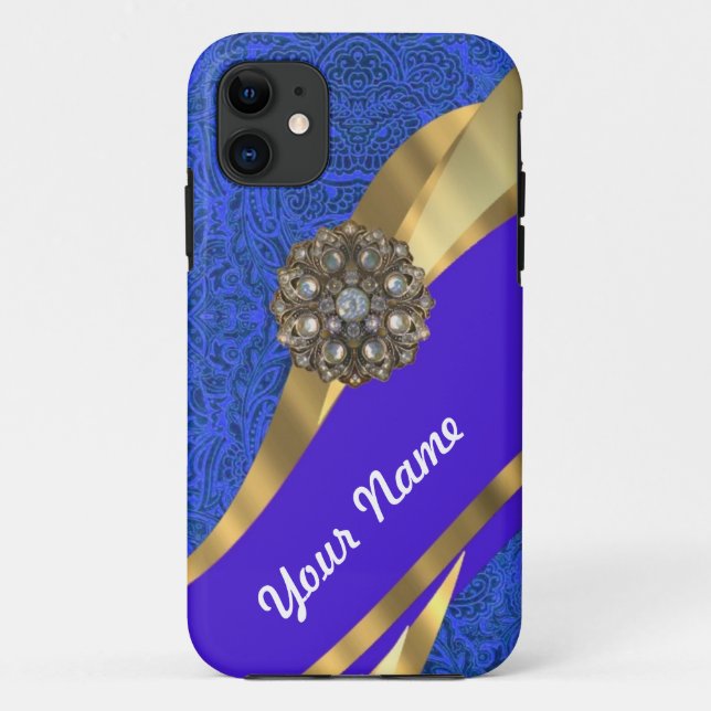 Blue floral damask & gold ribbon Case-Mate iPhone case (Back)