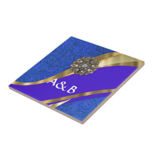 Blue floral damask & gold ribbon ceramic tile