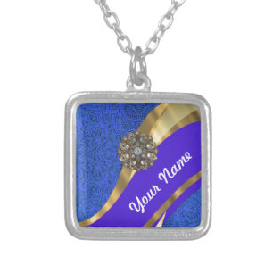 Blue floral damask & gold ribbon silver plated necklace