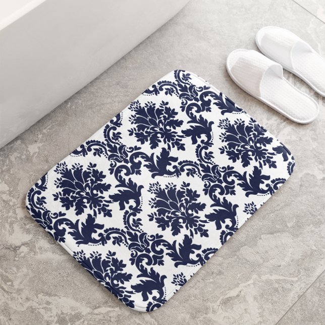 Blue floral damask on white background bath mat (Creator Uploaded)