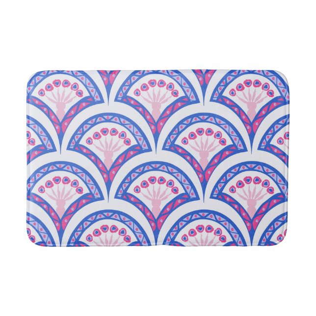 blue floral damask pattern  bath mat (Front)