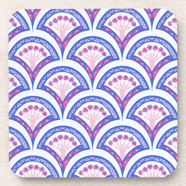 blue floral damask pattern  beverage coaster (Front)
