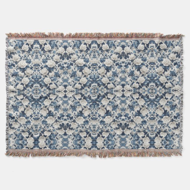 Blue Floral Damask Pattern Blanket (Front)