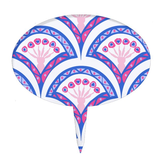 blue floral damask pattern  cake topper (Front)