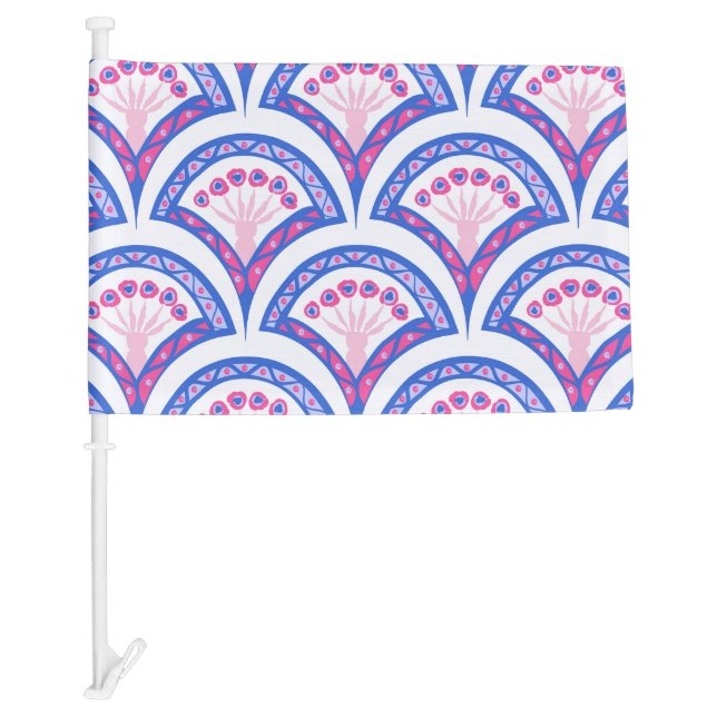 blue floral damask pattern  car flag (Front)