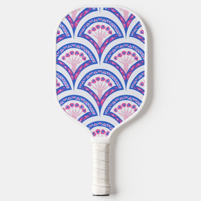 blue floral damask pattern  carbon fiber pickleball paddle  (Front)
