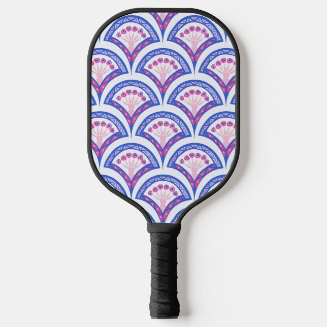 blue floral damask pattern  carbon fiber pickleball paddle  (Front)