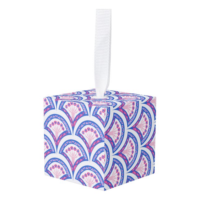 blue floral damask pattern  cube ornament (Front Angled)