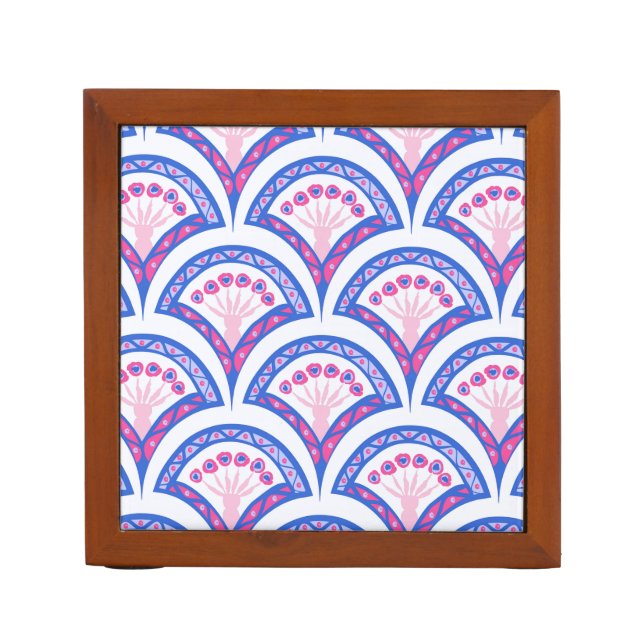 blue floral damask pattern  desk organizer (Front)