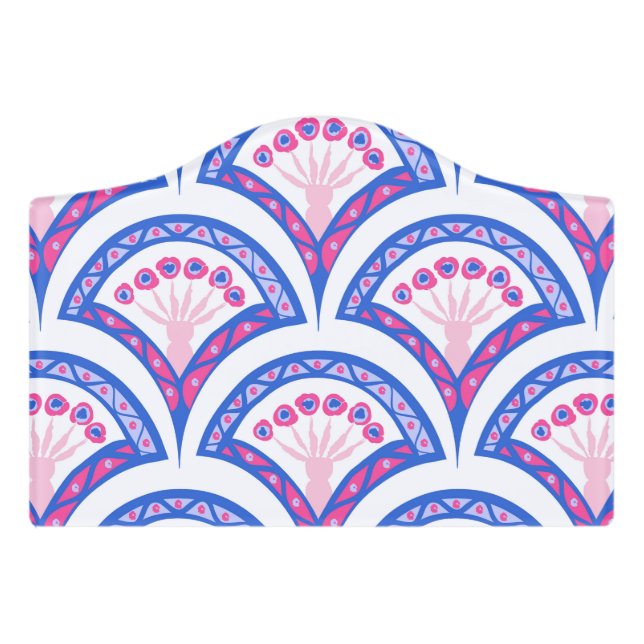 blue floral damask pattern  door sign (Small Crest Front)