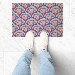 blue floral damask pattern fiber doormat