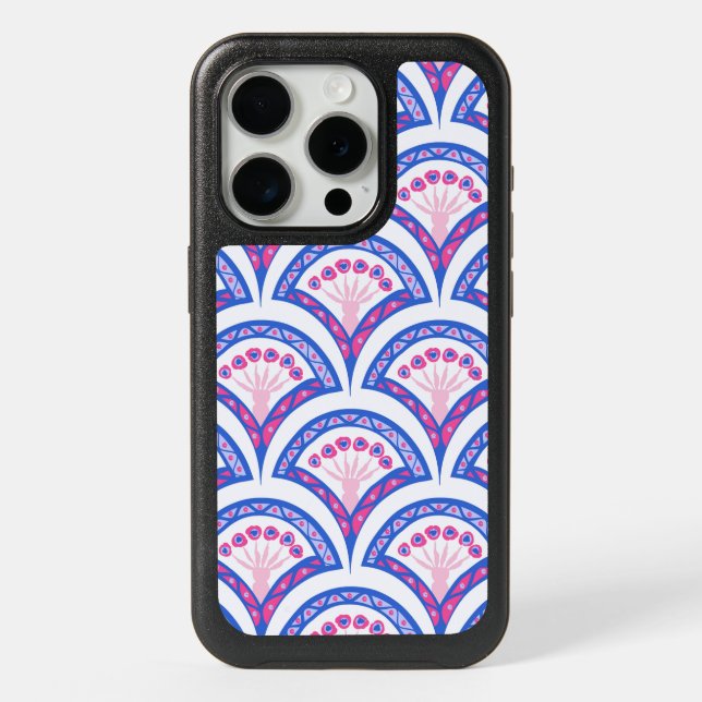 blue floral damask pattern  iPhone 15 pro case (Back)