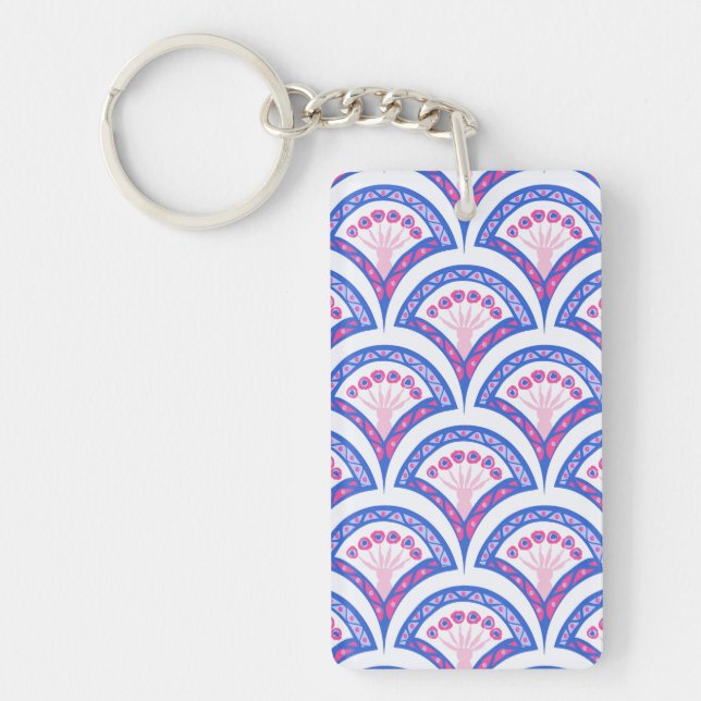 blue floral damask pattern  keychain (Front)