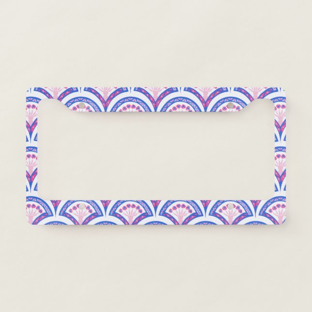 blue floral damask pattern  license plate frame (Front)