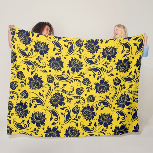 Blue Floral Damask Pattern On Yellow Fleece Blanket