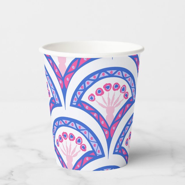 blue floral damask pattern  paper cups (Front)
