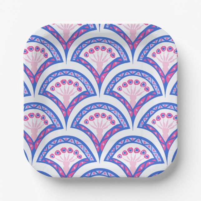 blue floral damask pattern  paper plates (Front)