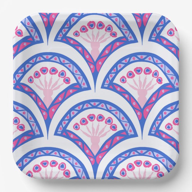 blue floral damask pattern  paper plates (Front)