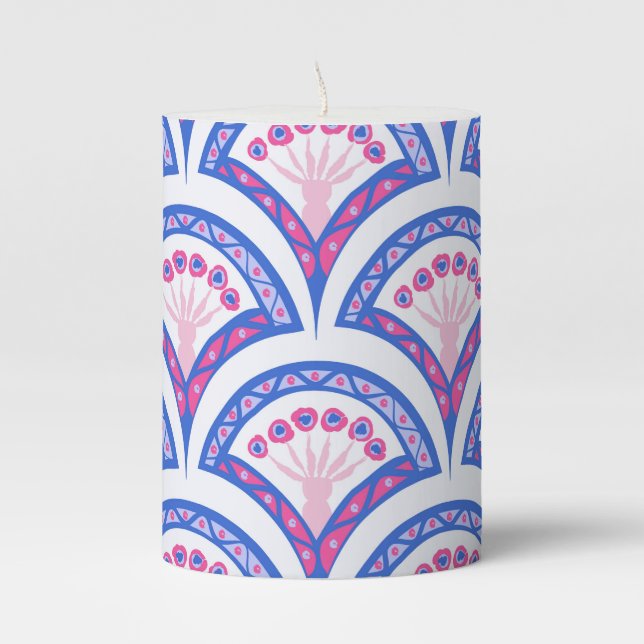 blue floral damask pattern  pillar candle (Front)