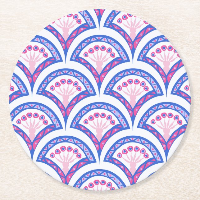 blue floral damask pattern  round paper coaster (Front)