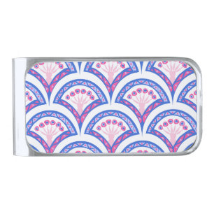 blue floral damask pattern silver finish money clip