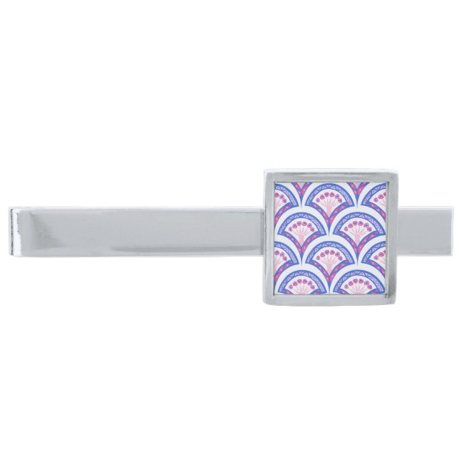 blue floral damask pattern  silver finish tie bar (Front)