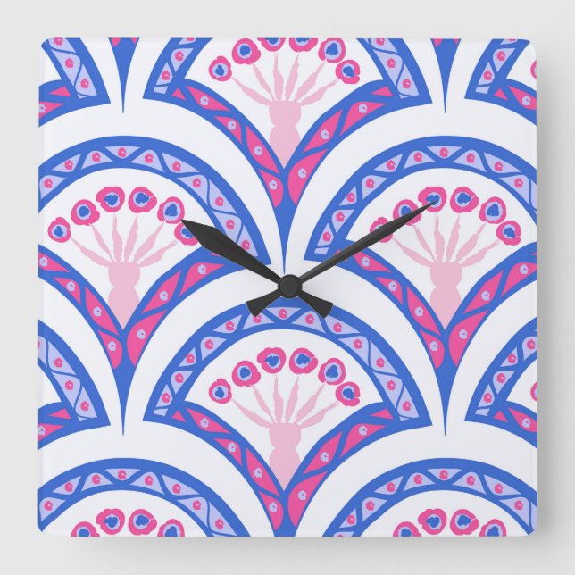 blue floral damask pattern  square wall clock (Front)
