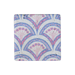blue floral damask pattern stone magnet
