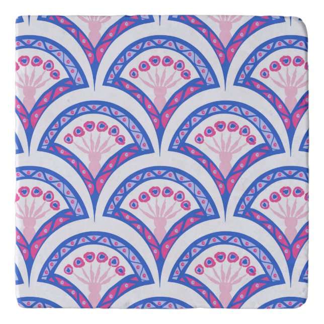 blue floral damask pattern  trivet (Front)