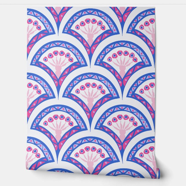 blue floral damask pattern  wallpaper  (Unrolling)