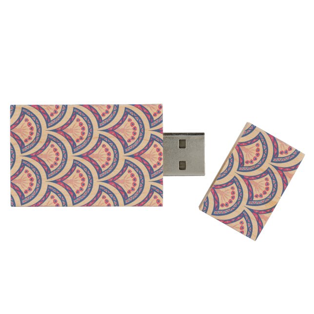 blue floral damask pattern  wood flash drive (Opened)