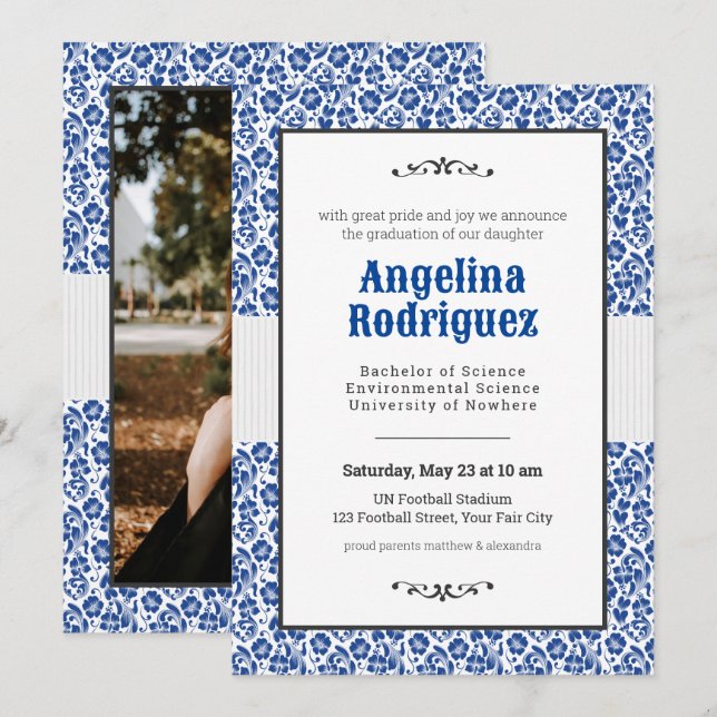 Blue Floral Damask Photo Graduation Invitation (Front/Back)