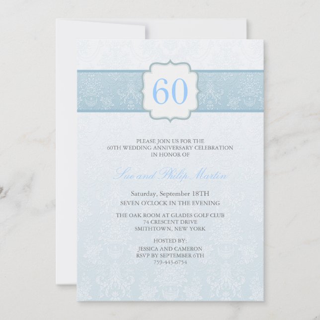 Blue Floral Damask Wedding Anniversary Invite (Front)