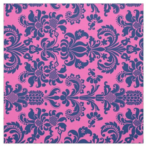 Blue Floral Damasks Custom Pink Background Fabric