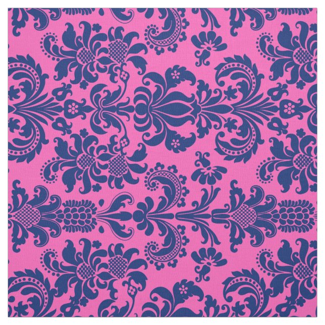 Blue Floral Damasks Custom Pink Background Fabric (Swatch)