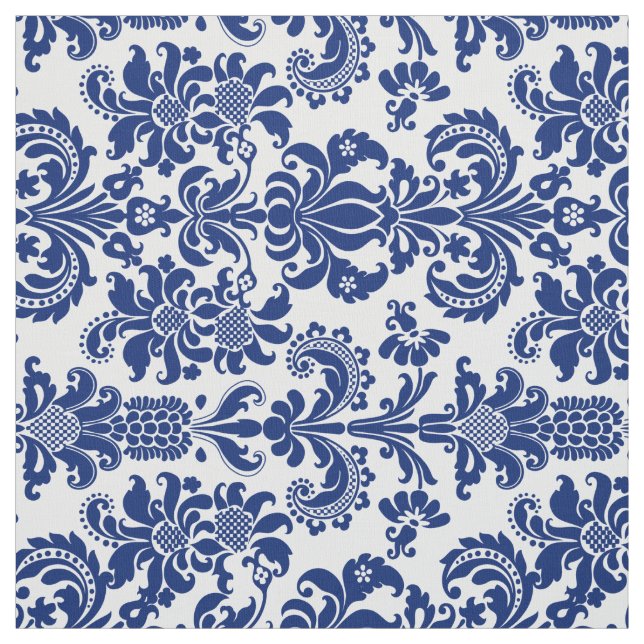 Blue Floral Damasks Custom Yellow Background Fabric (Swatch)