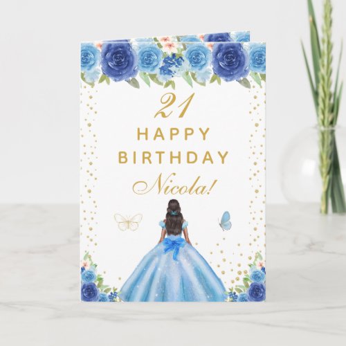 Blue Floral Dark Skin Girl Birthday