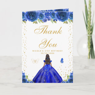 Blue Floral Dark Skin Girl Birthday Letterpress Thank You Card