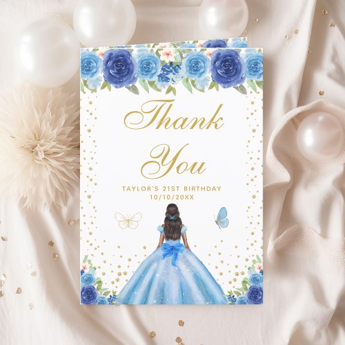 Blue Floral Dark Skin Girl Birthday Party Thank You Card