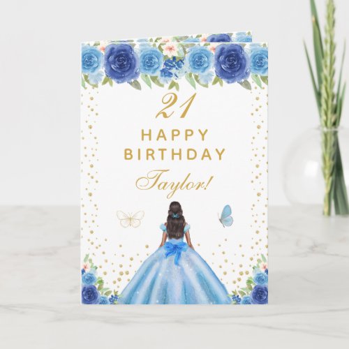 Blue Floral Dark Skin Girl Happy Birthday Card