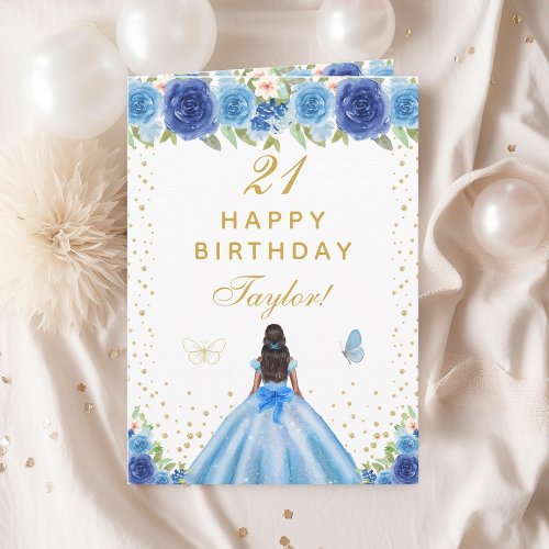 Blue Floral Dark Skin Girl Happy Birthday Card