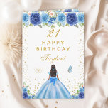 Blue Floral Dark Skin Girl Happy Birthday Card<br><div class="desc">This elegant and glamorous birthday card can be personalized with a name or title such as daughter, granddaughter, niece, friend etc. The design features a beautiful princess with dark hair and dark skin in a blue ball gown. The text combines handwritten script and modern sans serif fonts for a classy...</div>