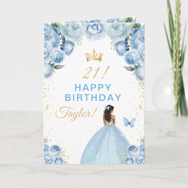 Blue Floral Dark Skin Girl Happy Birthday Card (Front)
