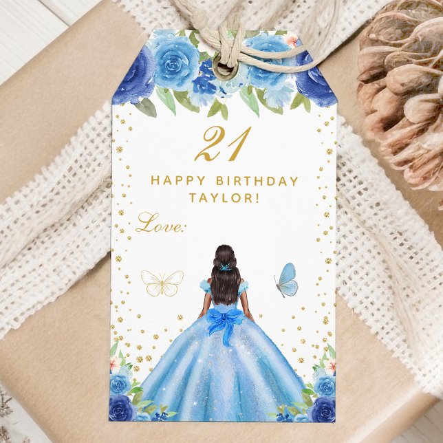 Blue Floral Dark Skin Girl Happy Birthday Gift Tags (Creator Uploaded)