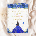 Blue Floral Dark Skin Girl Sweet Sixteen Card<br><div class="desc">This elegant and glamorous sweet sixteen birthday card can be personalized with a name or title such as daughter, granddaughter, niece, friend etc. The design features a beautiful princess with dark hair and dark skin in a royal blue ball gown. The text combines handwritten script and modern sans serif fonts...</div>