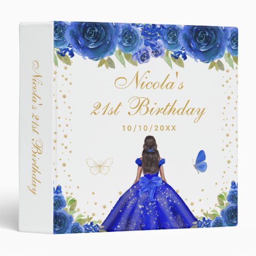 Blue Floral Dark Skin Princess Birthday Party 3 Ring Binder