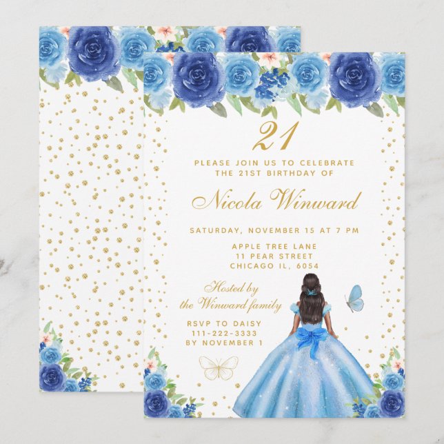 Blue Floral Dark Skin Princess Birthday Party Invitation (Front/Back)