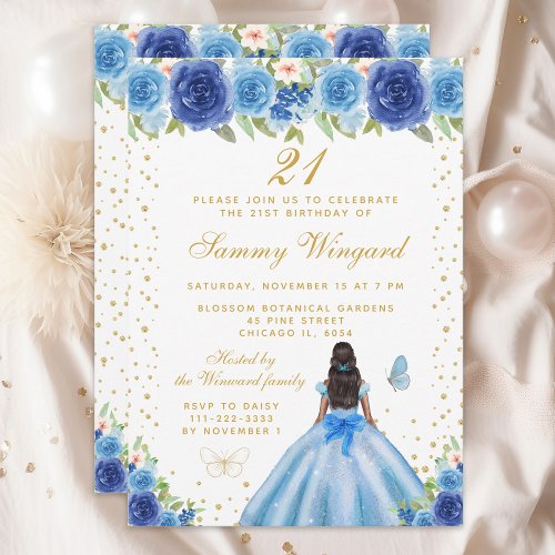 Blue Floral Dark Skin Princess Birthday Party Invitation